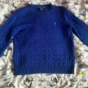 Women’s Royal-Blue with Green Pony Cable-Knit Cotton Sweater.